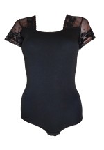 Floral Lace Short Sleeve Soft Leotard Bodysuit Black